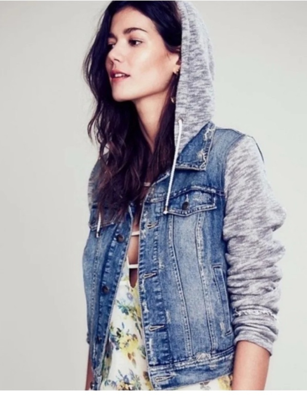 Free People Blue Denim Jacket with Gray Knit Sleeves and Cream Hood